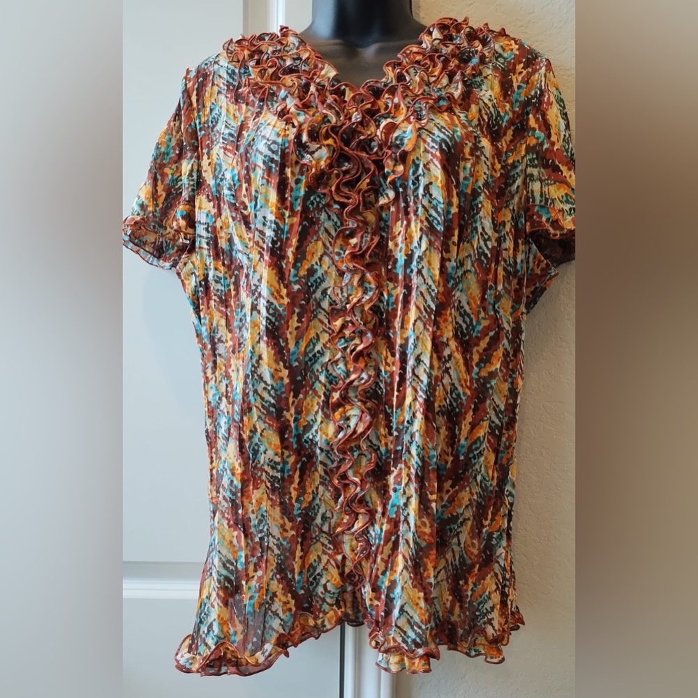 Notations Women’s multicolor Ruffle Tunic V Neck Flutter Sleeve Top XL